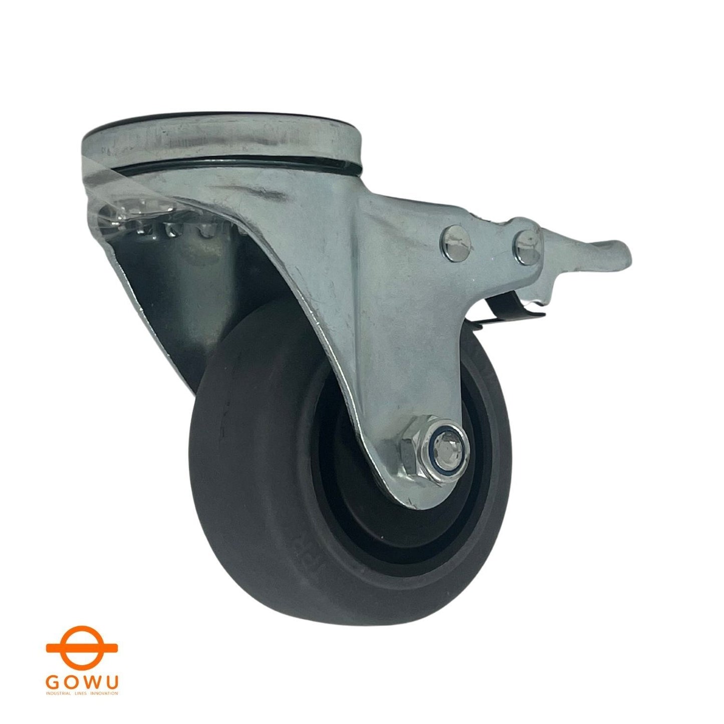 Rueda ESD 3" Giratoria de Goma Color Gris; con Herraje de Ojillo para Espiga Giratoria.